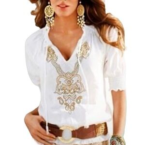 Boston Proper White V-Neck Beaded Embroidery Peasant Blouse
